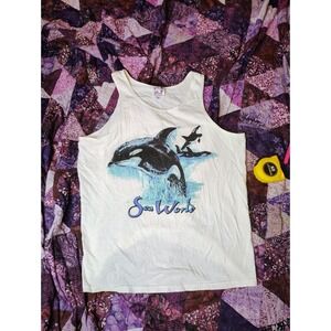 Vintage 90s Sea World Tank Top Mens XL Blue Whale Sea Graphic Made In USA Flaw